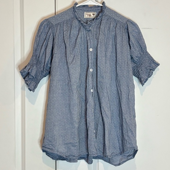 Mille Blue Dot Marnie Smocked Short Sleeve Button Front Top Shirt XS - Picture 2 of 7